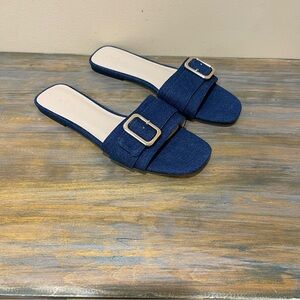 Loft Large Buckle Flat Denim Slide Sandals Blue Synthetic Summer Womens 9